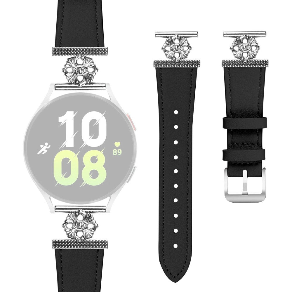 Samsung Galaxy Watch4 Classic 42mm / 46mm Watch Band Genuine Cow Leather Flower Decor Adjustable Strap - Black#serie_2