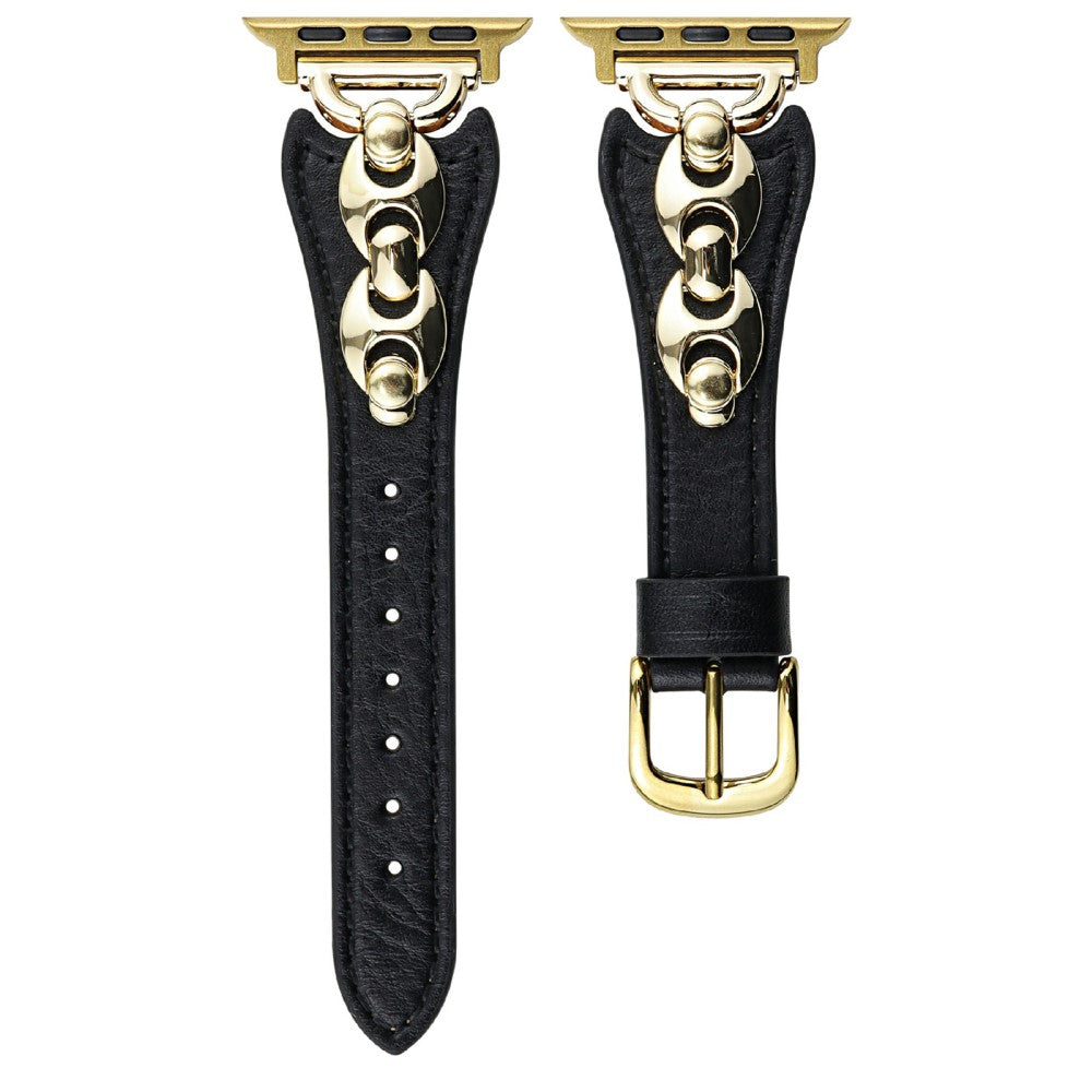 Watch Strap Apple Watch Series 10 46mm D-Shaped Metal Ring Leather Band - Black  /  Gold#serie_1