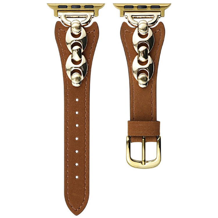 Watch Strap Apple Watch Series 10 46mm D-Shaped Metal Ring Leather Band - Brown  /  Gold#serie_2