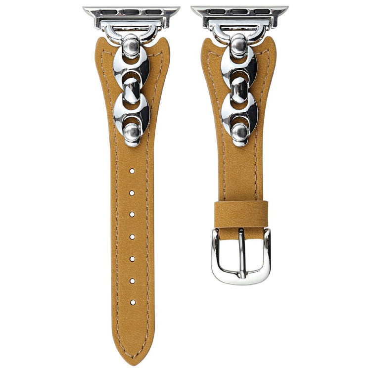 Watch Strap Apple Watch Series 10 46mm D-Shaped Metal Ring Leather Band - Light Brown  /  Silver#serie_5