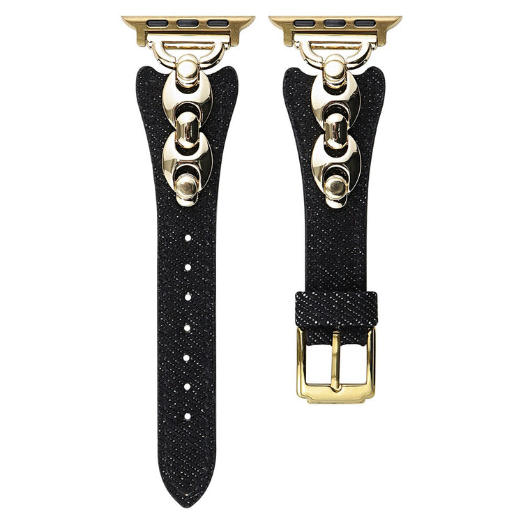 Watch Band Apple Watch Series 10 46mm Metal D-Buckle Denim Leather Strap - Black  /  Gold#serie_5