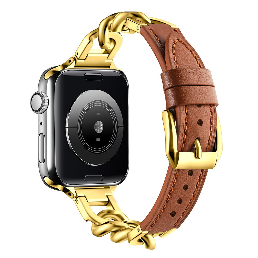 Watch Band Apple Watch Series 49mm - 45mm - 44mm - 42mm Genuine Cow Leather Strap - Brown + Gold#serie_3