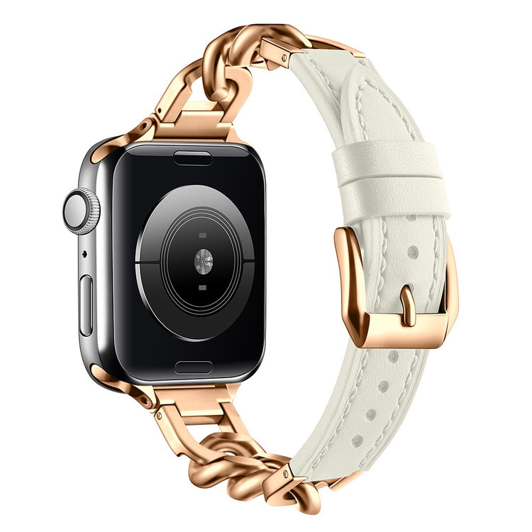 Watch Band Apple Watch Series 49mm - 45mm - 44mm - 42mm Genuine Cow Leather Strap - Beige + Rose Gold#serie_6