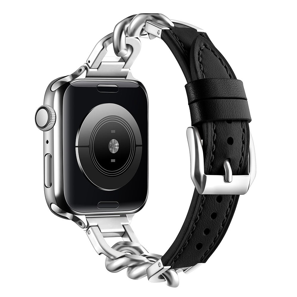 Watch Band Apple Watch Series 49mm - 45mm - 44mm - 42mm Genuine Cow Leather Strap - Black + Silver#serie_11