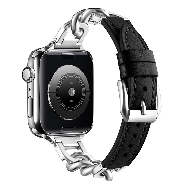Watch Band Apple Watch Series 49mm - 45mm - 44mm - 42mm Genuine Cow Leather Strap - Black + Silver#serie_11