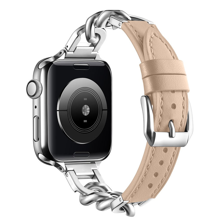 Watch Band Apple Watch Series 49mm - 45mm - 44mm - 42mm Genuine Cow Leather Strap - Apricot + Silver#serie_12