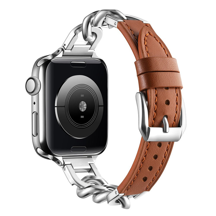 Watch Band Apple Watch Series 49mm - 45mm - 44mm - 42mm Genuine Cow Leather Strap - Brown + Silver#serie_15
