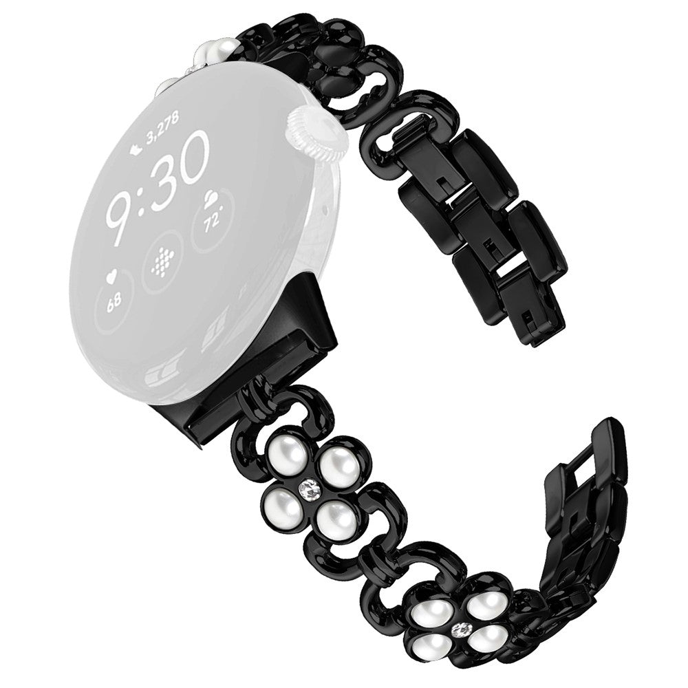 Google Pixel Watchband Pearl Four Leaf Clover Decor Stainless Steel Wristband  - Black#serie_1