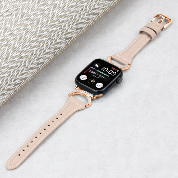 Solid Ægte Læder Og Rhinsten Universal Rem passer til Apple Smartwatch - Beige#serie_5