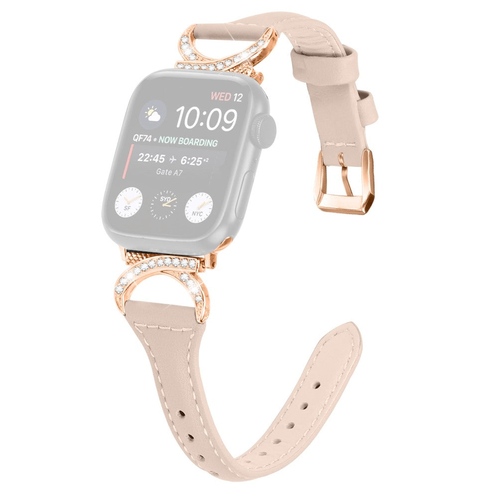 Solid Ægte Læder Og Rhinsten Universal Rem passer til Apple Smartwatch - Beige#serie_5