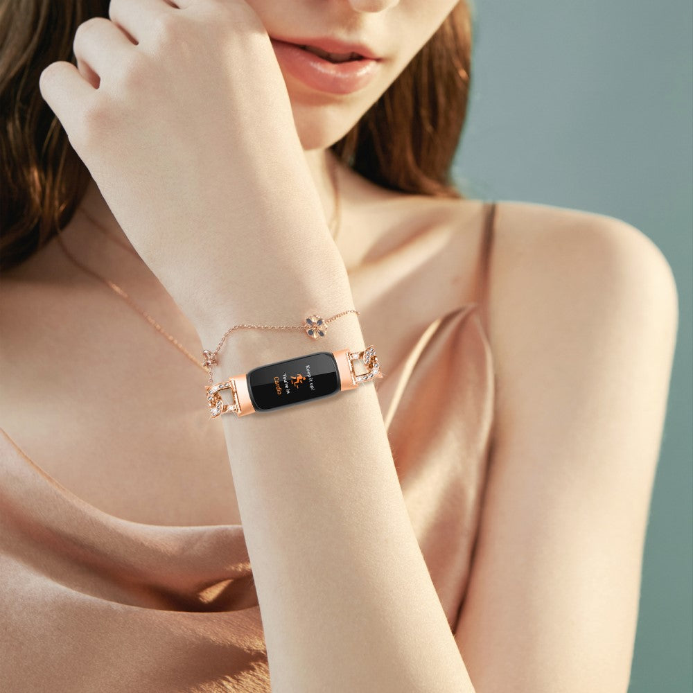 Rigtigt Hårdfør Metal Og Rhinsten Rem passer til Fitbit Luxe - Pink#serie_2