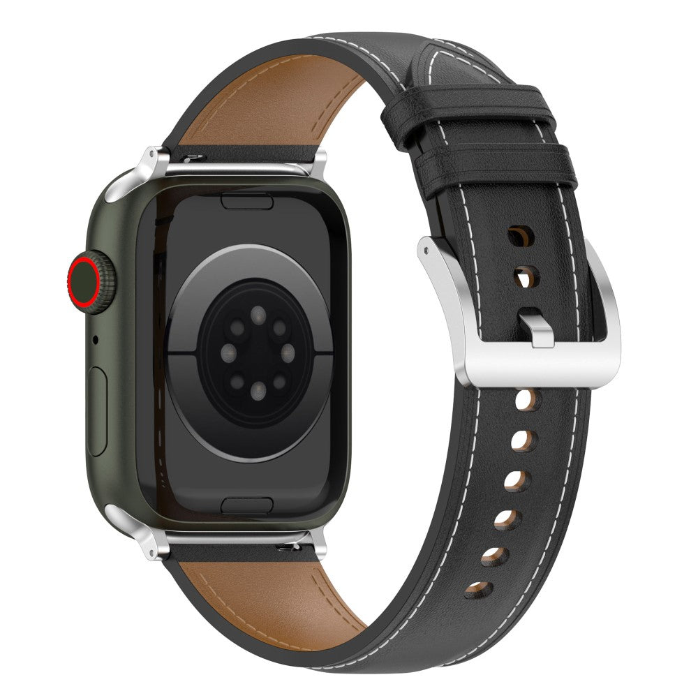 Mega holdbart Apple Watch Series 7 45mm Ægte læder Rem - Sort#serie_1