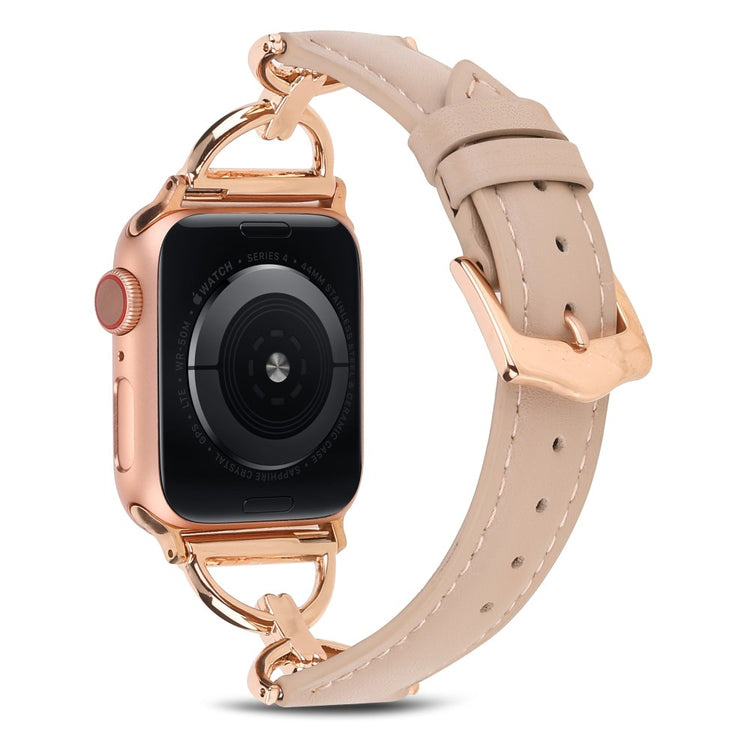 Rigtigt hårdfør Apple Watch Series 7 45mm Ægte læder Rem - Beige#serie_10