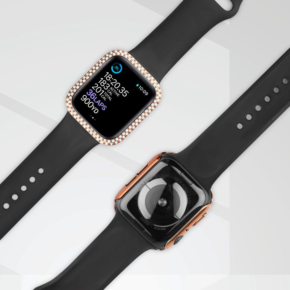 Super Fint Apple Watch Series 8 (45mm) / Apple Watch Series 7 45mm Cover med Skærmbeskytter i Plastik, Rhinsten og Hærdet Glas - Pink#serie_6