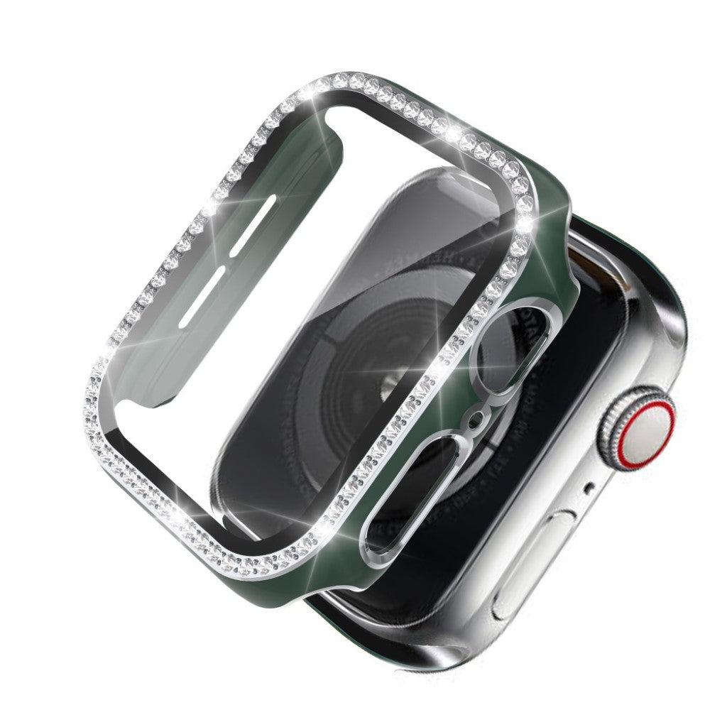 Meget Fed Apple Watch 44mm Cover med Skærmbeskytter i Plastik, Rhinsten og Hærdet Glas - Grøn#serie_12