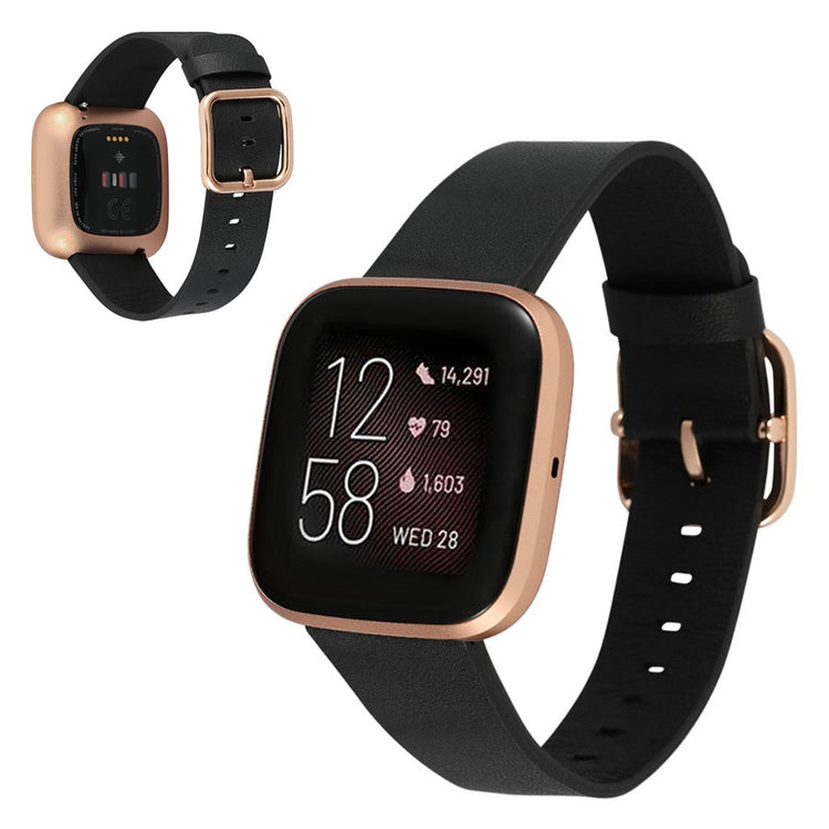 Fed Fitbit Versa 2 / Fitbit Versa Lite Ægte læder Urrem - Sort#serie_2