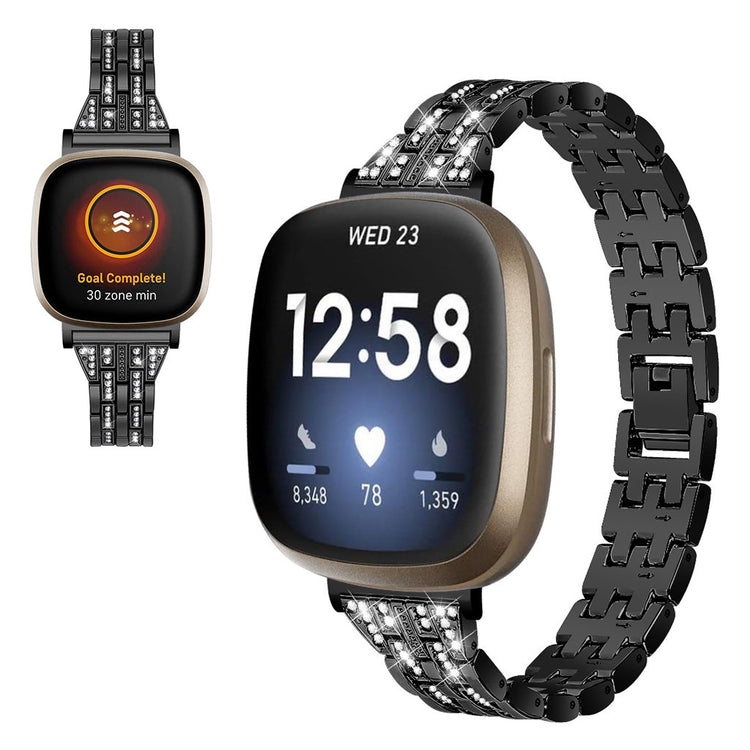 Kønt Fitbit Versa 3 / Fitbit Sense Metal og Rhinsten Rem - Sort#serie_1