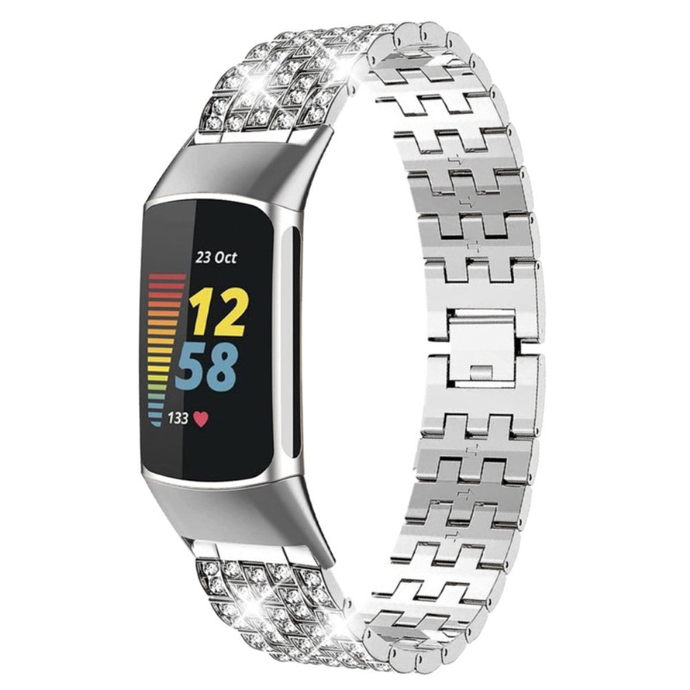 Helt vildt smuk Fitbit Charge 5 Metal og Rhinsten Rem - Sølv#serie_4